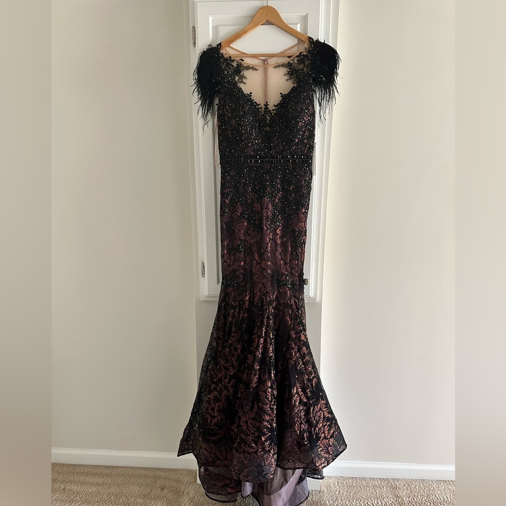 Mac Duggal Black Embellished Feather Cap Sleeve Illusion Neck Trumpet Gown